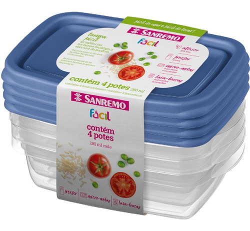 4 Pote Plástico 280ml Retangular Microondas Freezer Bpa Free