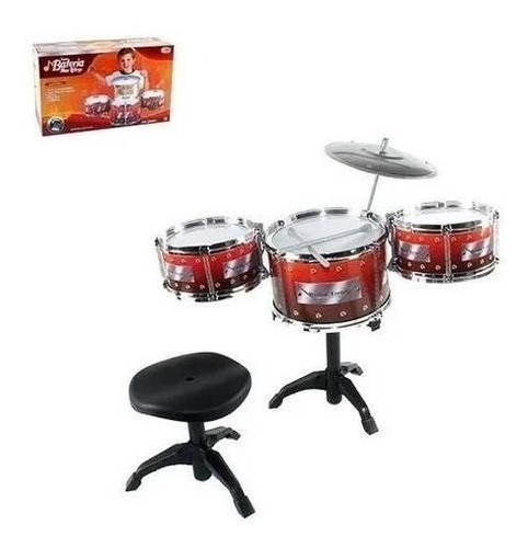 Bateria Infantil Completa Banquinho 3 Tambores Baquetas 53cm