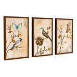 3 Quadros Decoração Sala Varanda Flores Pássaros Borboletas