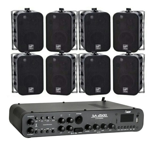 Kit Som Ambiente 8 Caixas Sp400 P Donner + Ampli Sa2500 180w