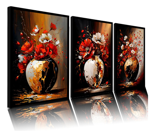 Quadros Decorativos Grande Vaso Vermelho Flores  Sala Quarto