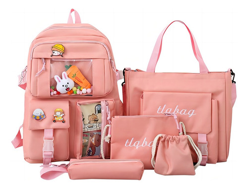 Set 5 Mochila Bolsas Escolar Estudiante Lapicera Tote Lona Moda Viaje Mochilas Universitario Conejo Colgante Lindo Gran Capacidad Kawaii