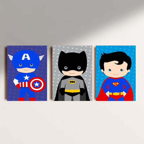 Kit 3 Quadros Placas Decoração Super Heroi Quarto Menino