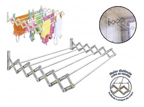 Varal Sanfonado Parede Retrátil 80 Cm Apartamento Lavanderia Cor Prateado