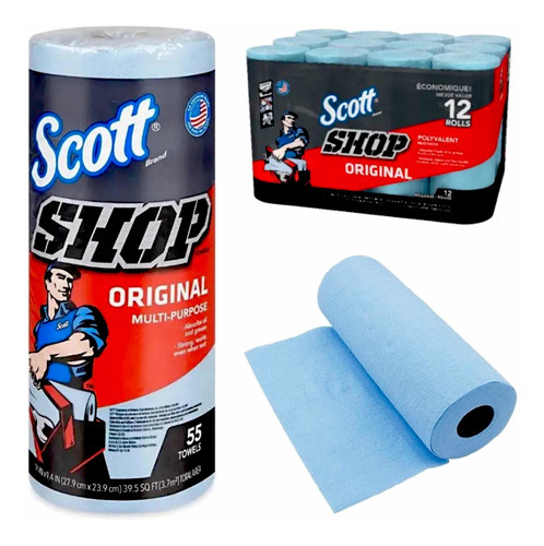 12 Rollos Toallas Scott Shop Paño Multiusos Limpiador Azul