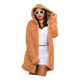 Casaco Teddy Feminino Longo Inverno Pelúcia Forrado C/ Capuz