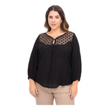 Blusa Negra Manga 3/4 Encaje Bambula Mujer 