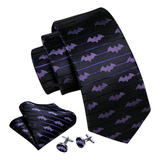 6210 Corbata  De Seda Morada Batman Pañuelo Y Mancuernillas