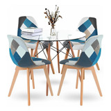 Comedor Mesa Eames Redonda Vidrio 80cm + 4 Sillas Patchwork 