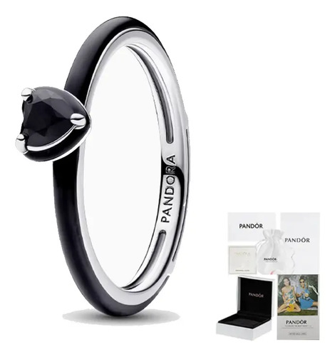 Anillo Solitario Corazón Negro Plata 925 Pandora Original