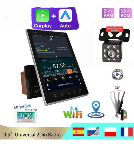 Autoestereo 2din 9.5 Pulgadas Touch Desmontable Mp5