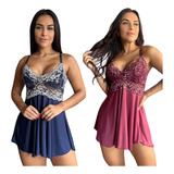 Kit Com 2 Camisolas Luxo Feminina Sensual Pijama Sexy Dormir