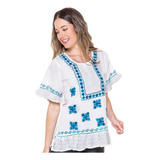 Blusa Blanca Algodón Bordada Con Broderie Hindu Manga Corta