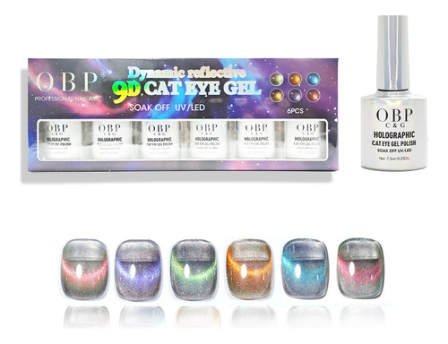 Gel Holografico 9d Ojo De Gato Reflectante 7.5ml Uv/led 6pzs