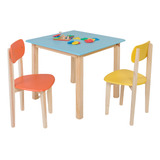 Mesa Infantil Colorida Com 2 Cadeiras Em Madeira 