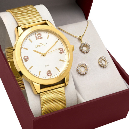 Kit Relógio Condor Feminino Dourado Com Pulseira Luxo