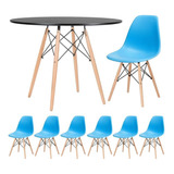 Kit Mesa Jantar Eames Wood 100 Cm 6 Cadeiras Eifel Cores Cor Mesa Preto Com Cadeiras Azul Céu