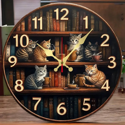 Reloj De Pared Redondo De Madera Con Estantería Con Gatos