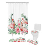 4pcs Set De Cortina De Ducha Impermeable Tropical Flamingo