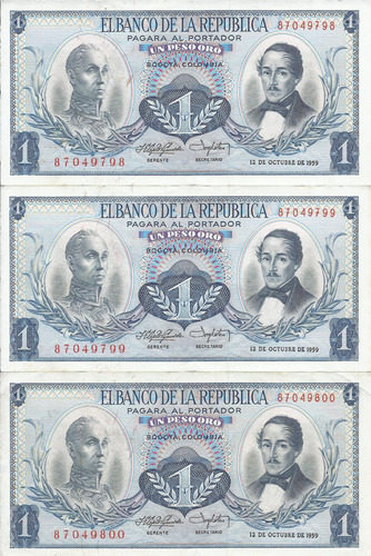 Trío Consecutivo. Colombia 1 Peso Oro 12 De Octubre 1959