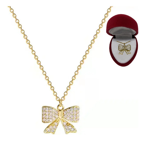 Collar Moño Brillo Acero Baño Oro 18k + Estuche Regalo Pana