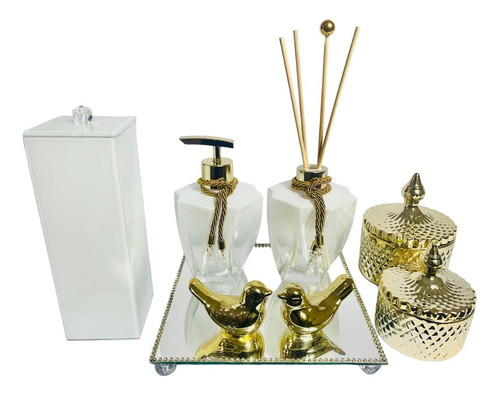 Kit Lavabo Luxo Dourado Branco Aroma Sabonete Porta Escova #