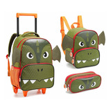 Kit Mochila Escolar Rodinha Infantil Dragão Verde Resistente