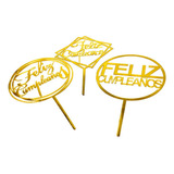 Cake Topper Letrero Feliz Cumpleaños Dorado Oro 3 Pzs