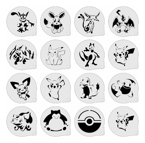 16 Stencil Pokemon Rosto Facial Moldes Pintura 7cm 