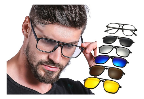 Armação De Óculos Masculina Grau Sol Uv400 Clip On 6 Em 1 