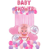 Set Deco Globos Baby Shower Cortina Cartel Rosa Nena Bebe