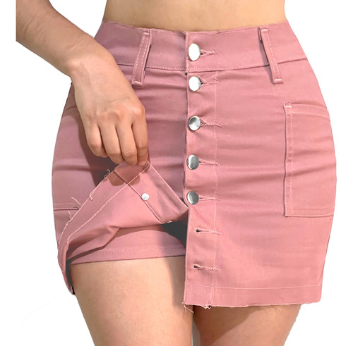 Falda Short Mujer Gabardina Botón Delantero