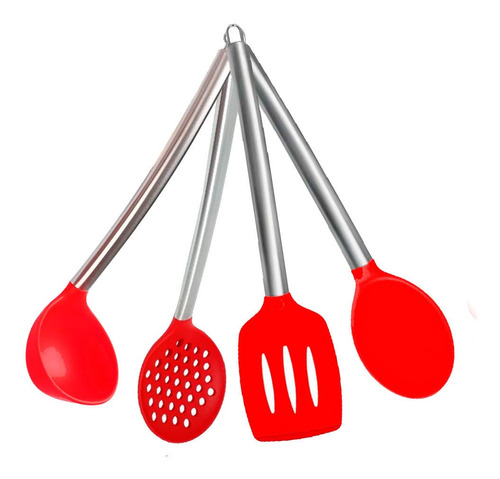 Jogo Colheres Silicone Inox Utensílios Cozinha 4pçs Vermelho