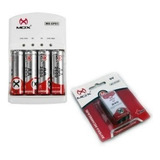 Kit Carregador Mox Cp51 C/ 4 Pilhas Aa E 1 Bateria 9v