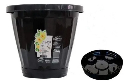 Vaso Decorativo 28cm Com Prato Plástico Preto Cachepot Casa