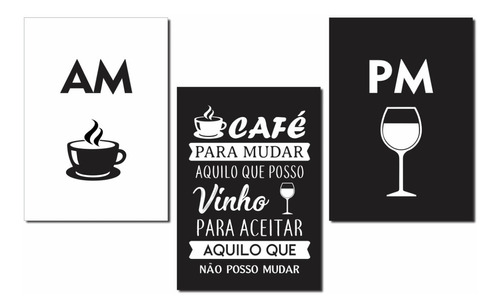Placa Cantinho Do Café Am Pm Vinho Taça Xícara Mdf 3 Peças