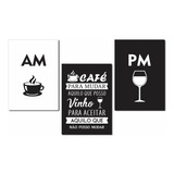 Placa Cantinho Do Café Am Pm Vinho Taça Xícara Mdf 3 Peças