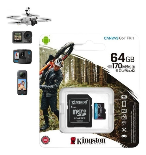 Cartão De Memória Kingston Microsd Drones Gopro 64gb Sdcg3