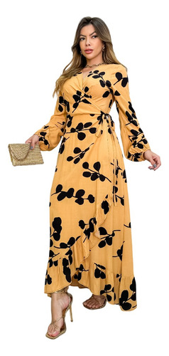 Vestido Envelope Estampado Manga Longa Tradicional Elegante 