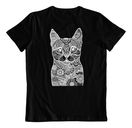 Polera Negra Algodon Estampado Dtf Gato Arte De Mandalas