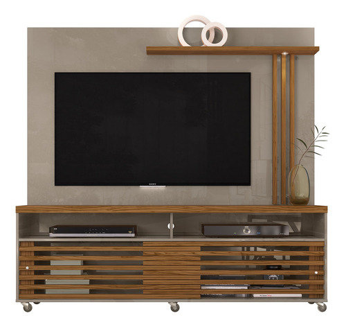 Organizador Rack Tv Madera Con Panel Frizz Color Natural Y Fendi