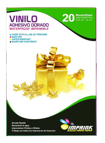 Vinilo Adhesivo Dorado Metalico Imprimible A4 / 20hojas
