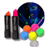 Tinta Facial 5 Cores + 2 Batom Festa Neon Maquiagem Fluor