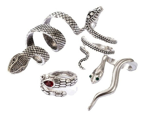 Set Anillos Bohemios Serpiente Pluma Color Plata Para Mujer 