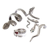 Set Anillos Bohemios Serpiente Pluma Color Plata Para Mujer 