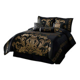 Juego De Cama  7 Piezas Jacquard Floral, King, Negro Oro