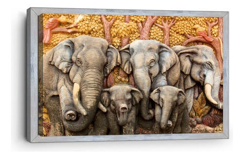 Cuadro Canvas Marco Inglés Elefantes En Relieve 90x140cm