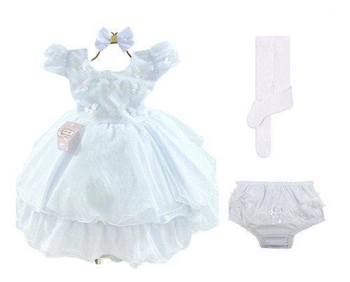 Kit Vestido Infantil Branco + Calcinha + Meia Calça + Laço