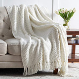 Manta Para Sofa Calida Y Suave Color Marfil Con Flequillo