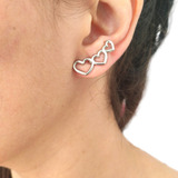 Brinco Ear Cuff Corações Folheado A Prata Tendência Moda